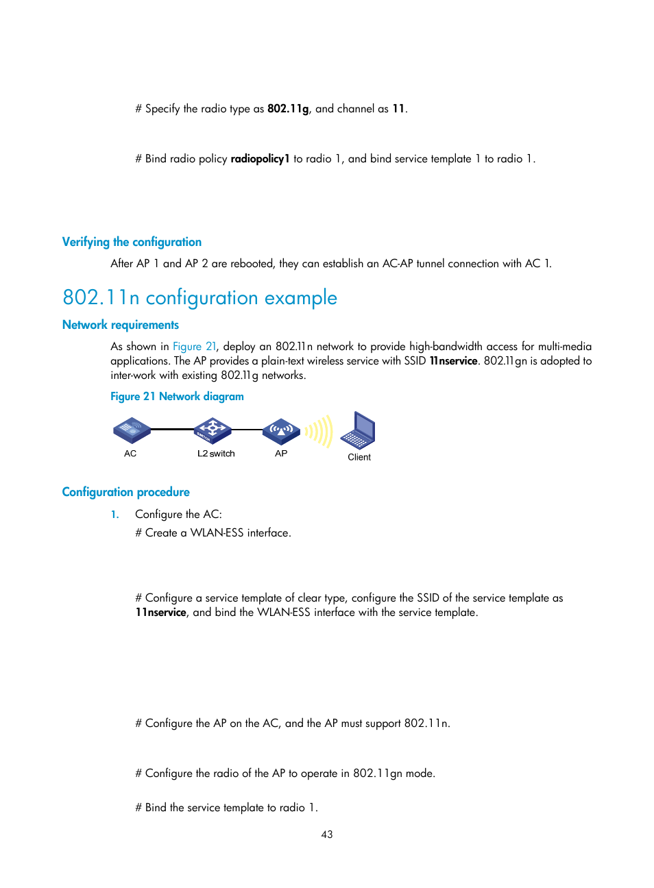 Verifying the configuration, 11n configuration example, Network requirements | Configuration procedure | H3C Technologies H3C WX3000E Series Wireless Switches User Manual | Page 55 / 226