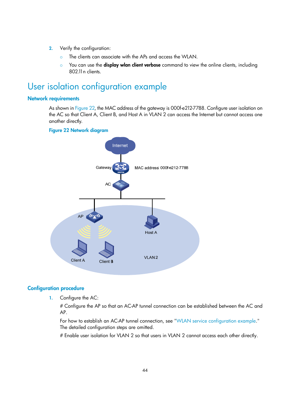 User isolation configuration example, Network requirements, Configuration procedure | H3C Technologies H3C WX3000E Series Wireless Switches User Manual | Page 56 / 226