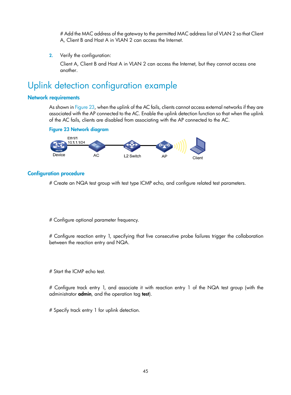 Uplink detection configuration example, Network requirements, Configuration procedure | H3C Technologies H3C WX3000E Series Wireless Switches User Manual | Page 57 / 226