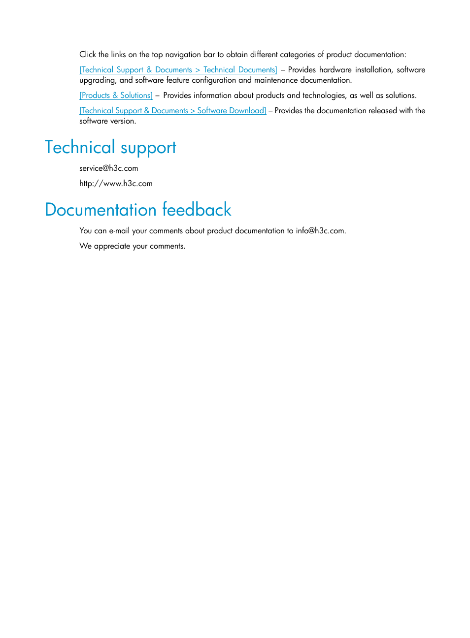 Technical support, Documentation feedback | H3C Technologies H3C WX3000E Series Wireless Switches User Manual | Page 6 / 226