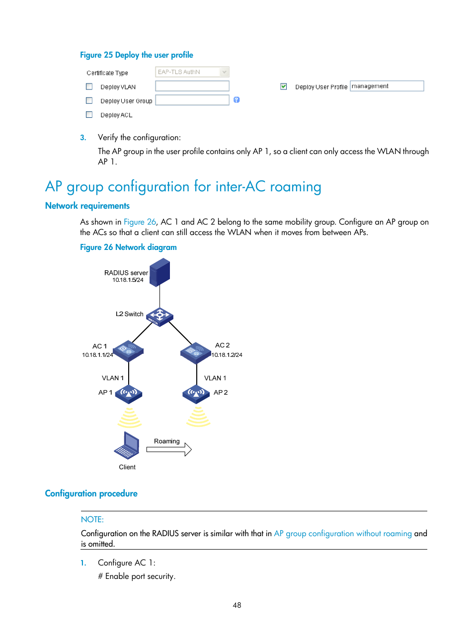 Ap group configuration for inter-ac roaming, Network requirements, Configuration procedure | H3C Technologies H3C WX3000E Series Wireless Switches User Manual | Page 60 / 226