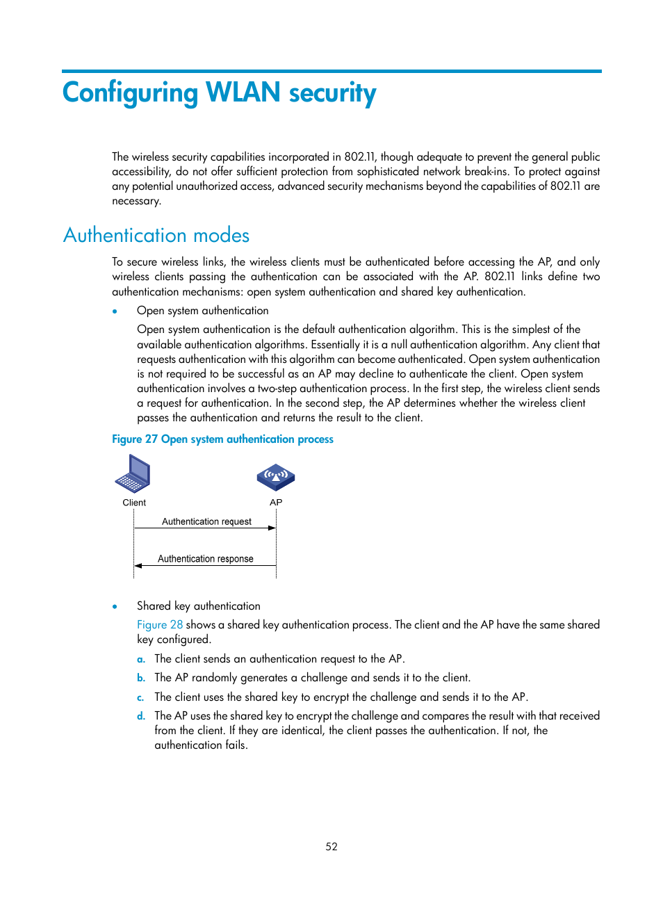 Configuring wlan security, Authentication modes | H3C Technologies H3C WX3000E Series Wireless Switches User Manual | Page 64 / 226