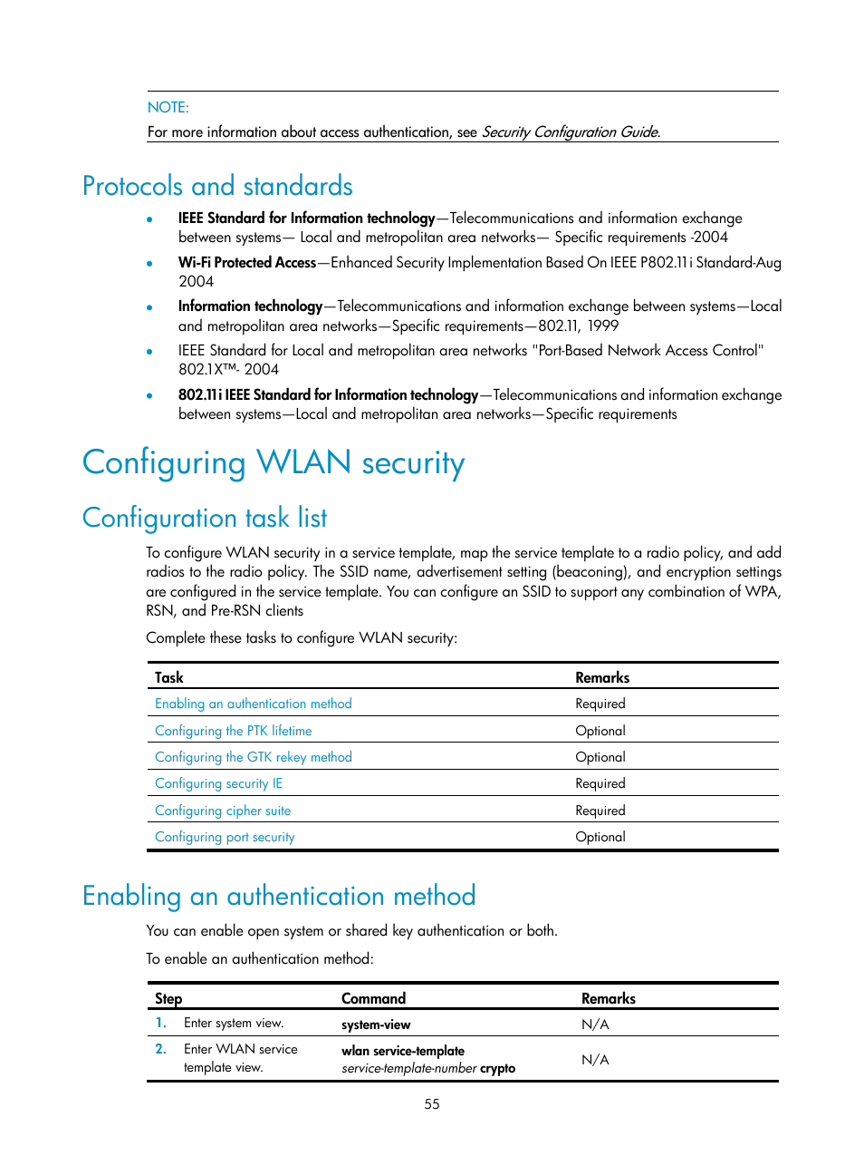 Protocols and standards, Configuring wlan security, Configuration task list | Enabling an authentication method | H3C Technologies H3C WX3000E Series Wireless Switches User Manual | Page 67 / 226