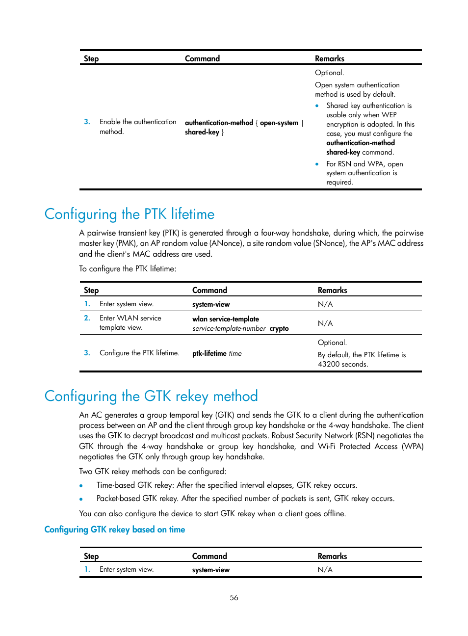 Configuring the ptk lifetime, Configuring the gtk rekey method, Configuring gtk rekey based on time | H3C Technologies H3C WX3000E Series Wireless Switches User Manual | Page 68 / 226