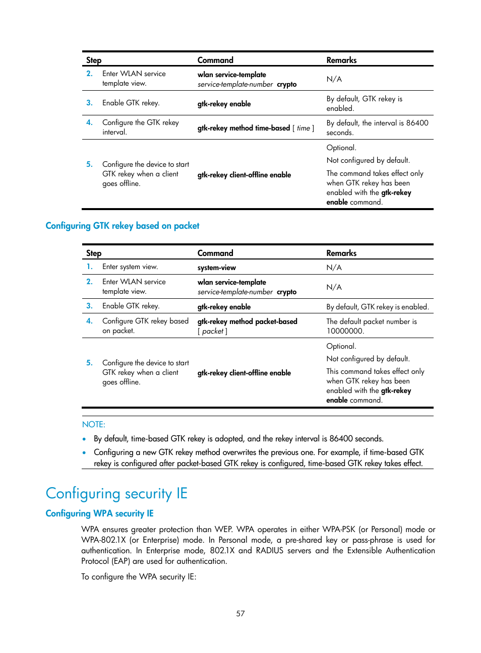 Configuring gtk rekey based on packet, Configuring security ie, Configuring wpa security ie | H3C Technologies H3C WX3000E Series Wireless Switches User Manual | Page 69 / 226