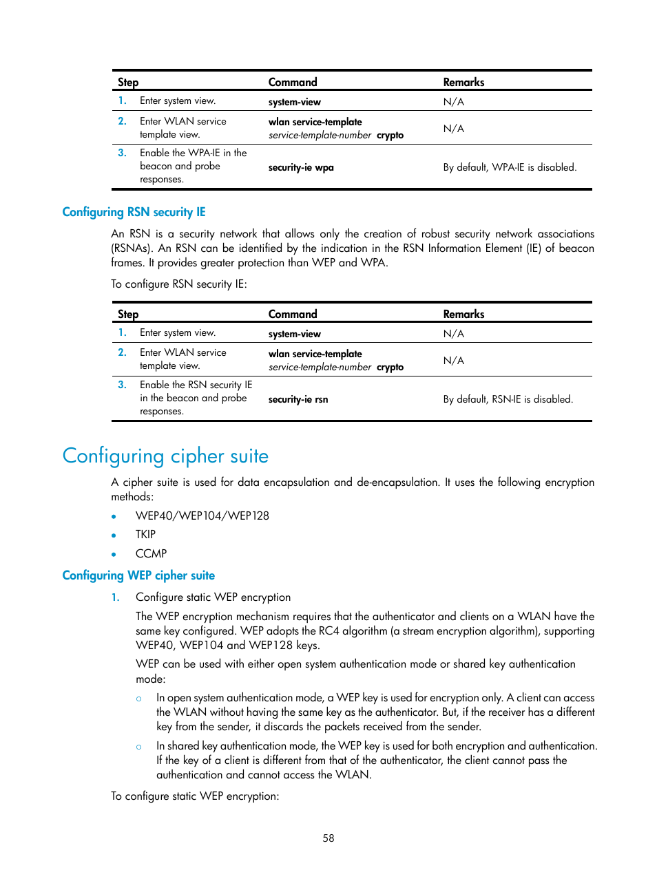 Configuring rsn security ie, Configuring cipher suite, Configuring wep cipher suite | H3C Technologies H3C WX3000E Series Wireless Switches User Manual | Page 70 / 226