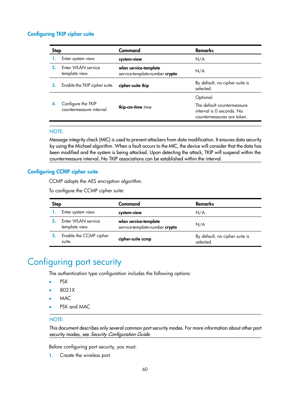 Configuring tkip cipher suite, Configuring ccmp cipher suite, Configuring port security | H3C Technologies H3C WX3000E Series Wireless Switches User Manual | Page 72 / 226