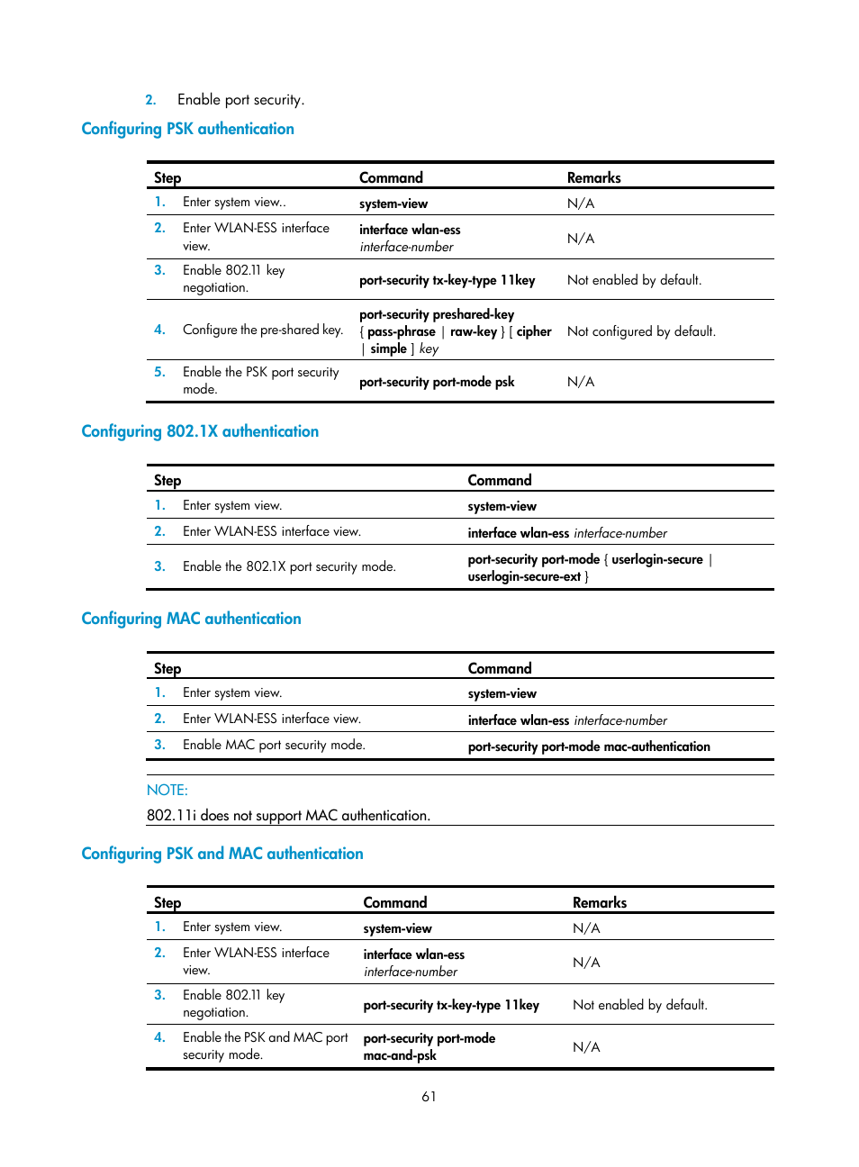 Configuring psk authentication, Configuring 802.1x authentication, Configuring mac authentication | Configuring psk and mac authentication | H3C Technologies H3C WX3000E Series Wireless Switches User Manual | Page 73 / 226