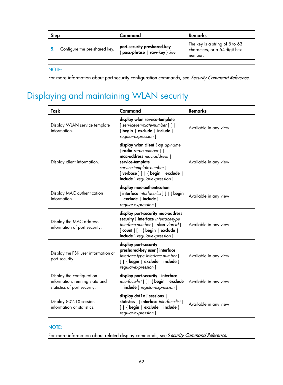 Displaying and maintaining wlan security | H3C Technologies H3C WX3000E Series Wireless Switches User Manual | Page 74 / 226