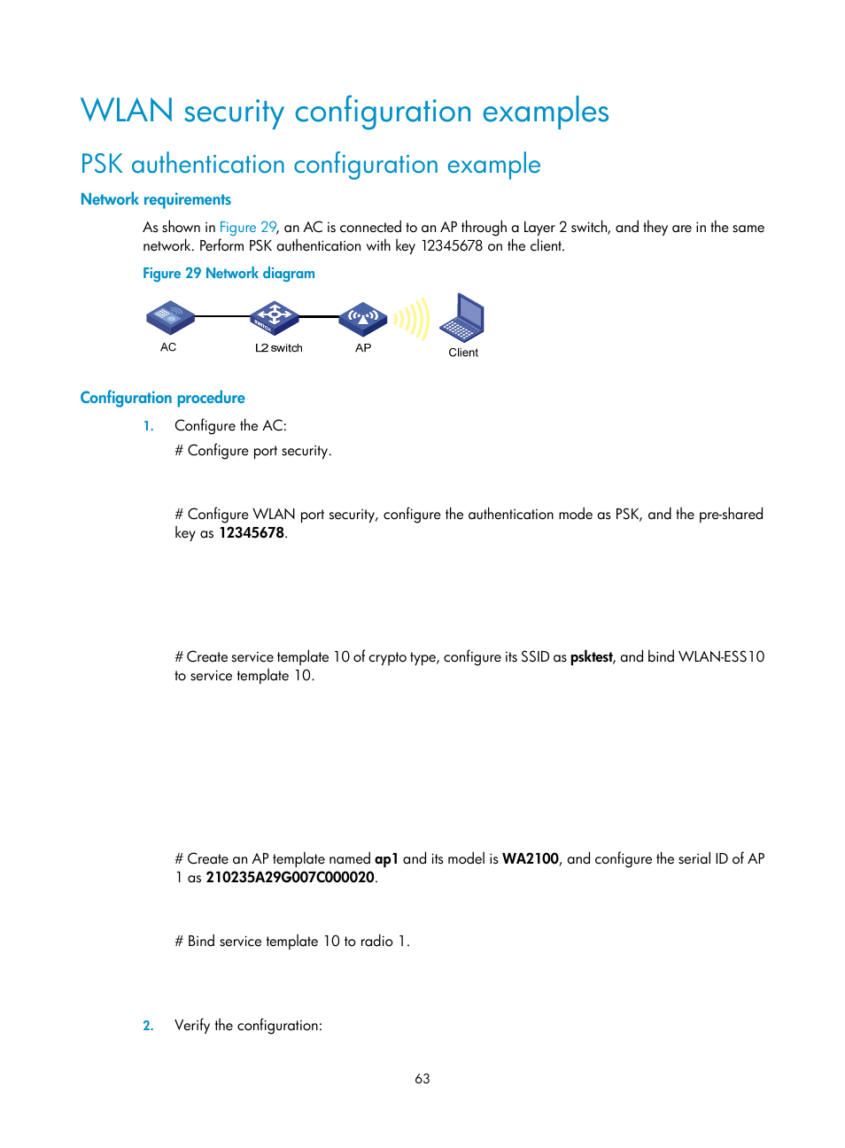 Wlan security configuration examples, Psk authentication configuration example, Network requirements | Configuration procedure | H3C Technologies H3C WX3000E Series Wireless Switches User Manual | Page 75 / 226