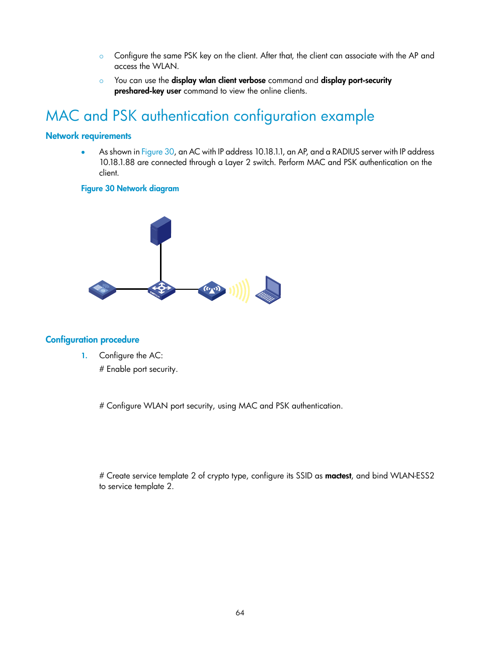 Mac and psk authentication configuration example, Network requirements, Configuration procedure | H3C Technologies H3C WX3000E Series Wireless Switches User Manual | Page 76 / 226