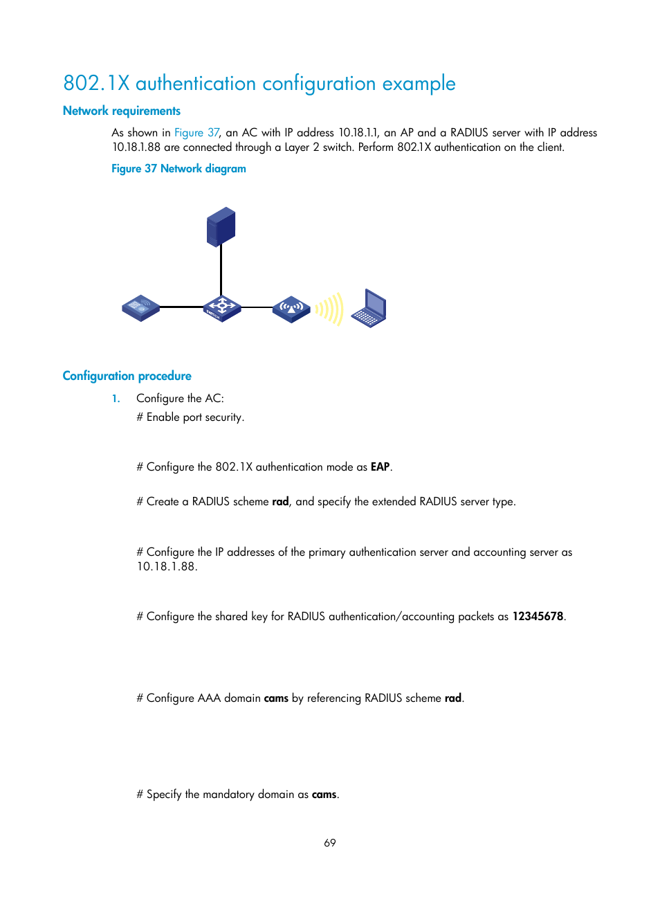 1x authentication configuration example, Network requirements, Configuration procedure | H3C Technologies H3C WX3000E Series Wireless Switches User Manual | Page 81 / 226