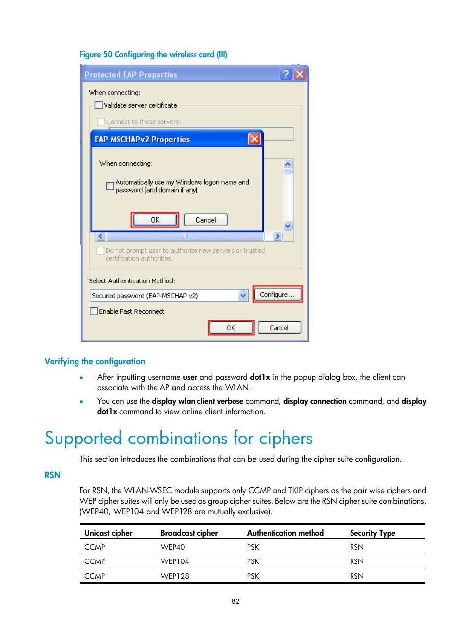 Verifying the configuration, Supported combinations for ciphers, Figure 50 | H3C Technologies H3C WX3000E Series Wireless Switches User Manual | Page 94 / 226