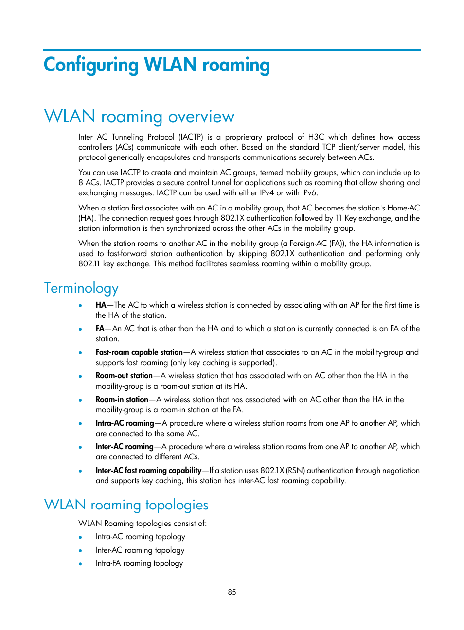 Configuring wlan roaming, Wlan roaming overview, Terminology | Wlan roaming topologies | H3C Technologies H3C WX3000E Series Wireless Switches User Manual | Page 97 / 226