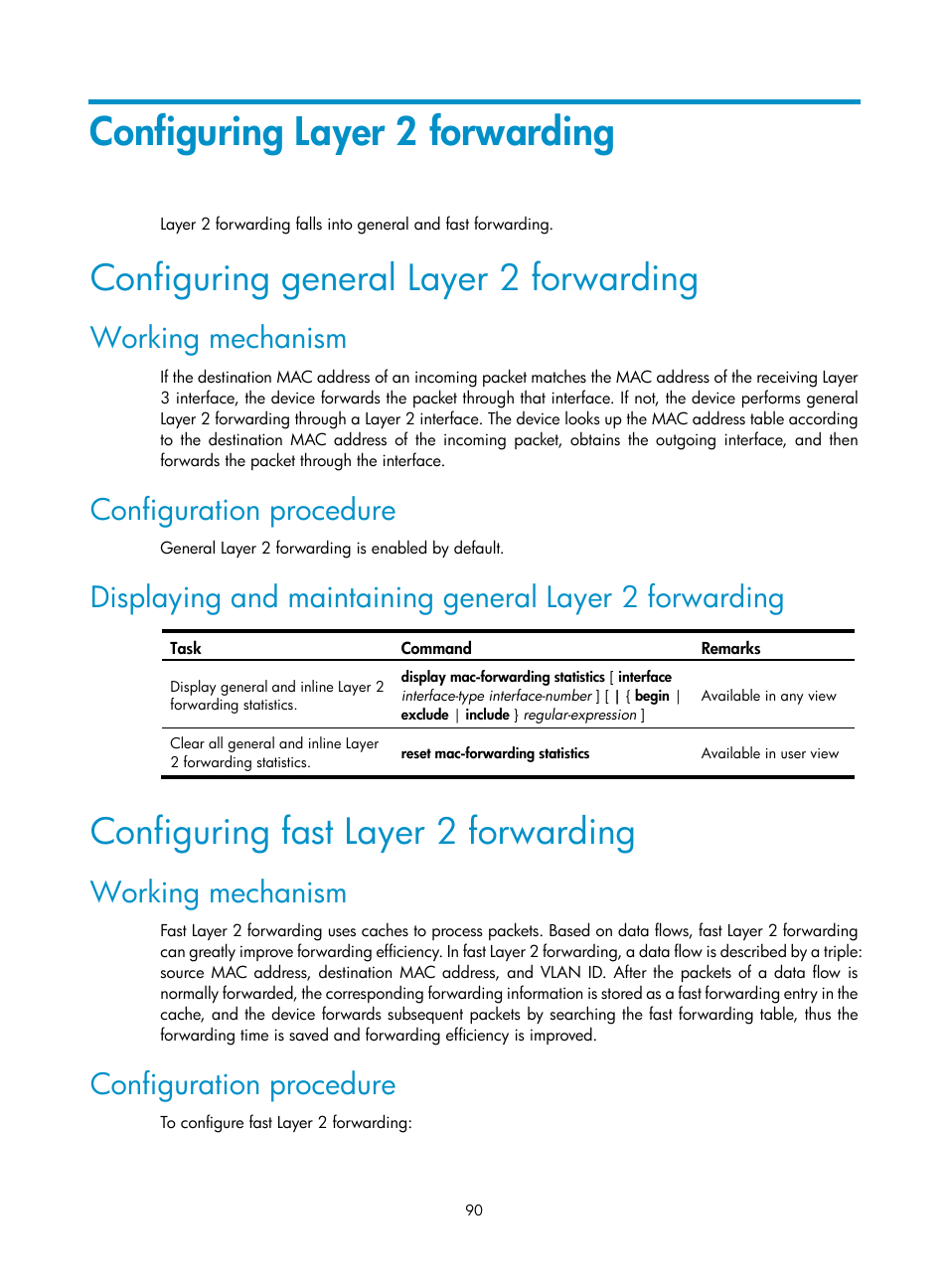 Configuring layer 2 forwarding, Configuring general layer 2 forwarding, Working mechanism | Configuration procedure, Configuring fast layer 2 forwarding | H3C Technologies H3C WX3000E Series Wireless Switches User Manual | Page 100 / 133