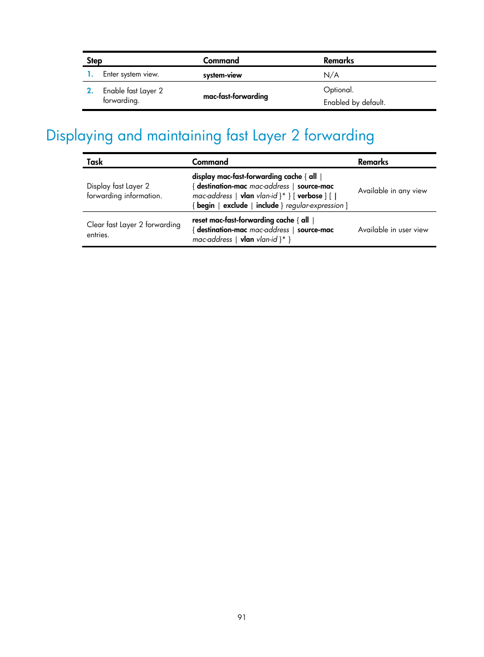 Displaying and maintaining fast layer 2 forwarding | H3C Technologies H3C WX3000E Series Wireless Switches User Manual | Page 101 / 133