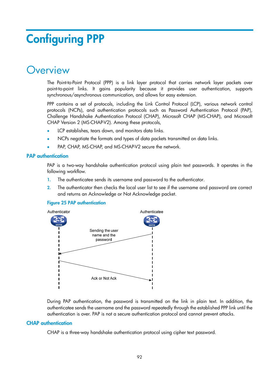 Configuring ppp, Overview, Pap authentication | Chap authentication | H3C Technologies H3C WX3000E Series Wireless Switches User Manual | Page 102 / 133