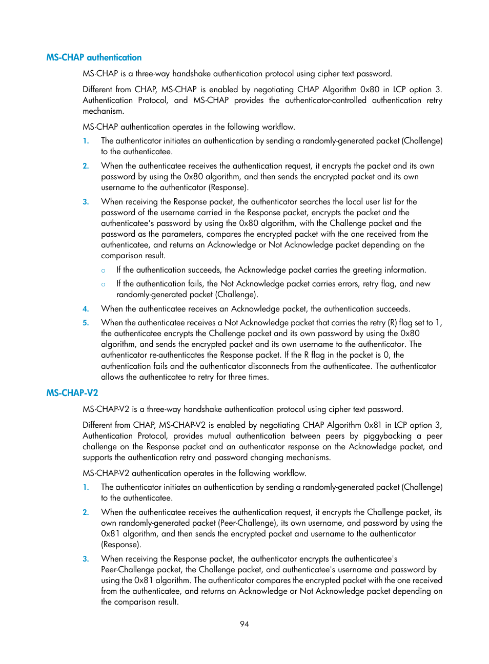 Ms-chap authentication, Ms-chap-v2 | H3C Technologies H3C WX3000E Series Wireless Switches User Manual | Page 104 / 133