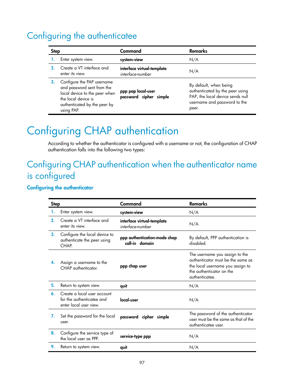 Configuring the authenticatee, Configuring chap authentication, Configuring the authenticator | H3C Technologies H3C WX3000E Series Wireless Switches User Manual | Page 107 / 133