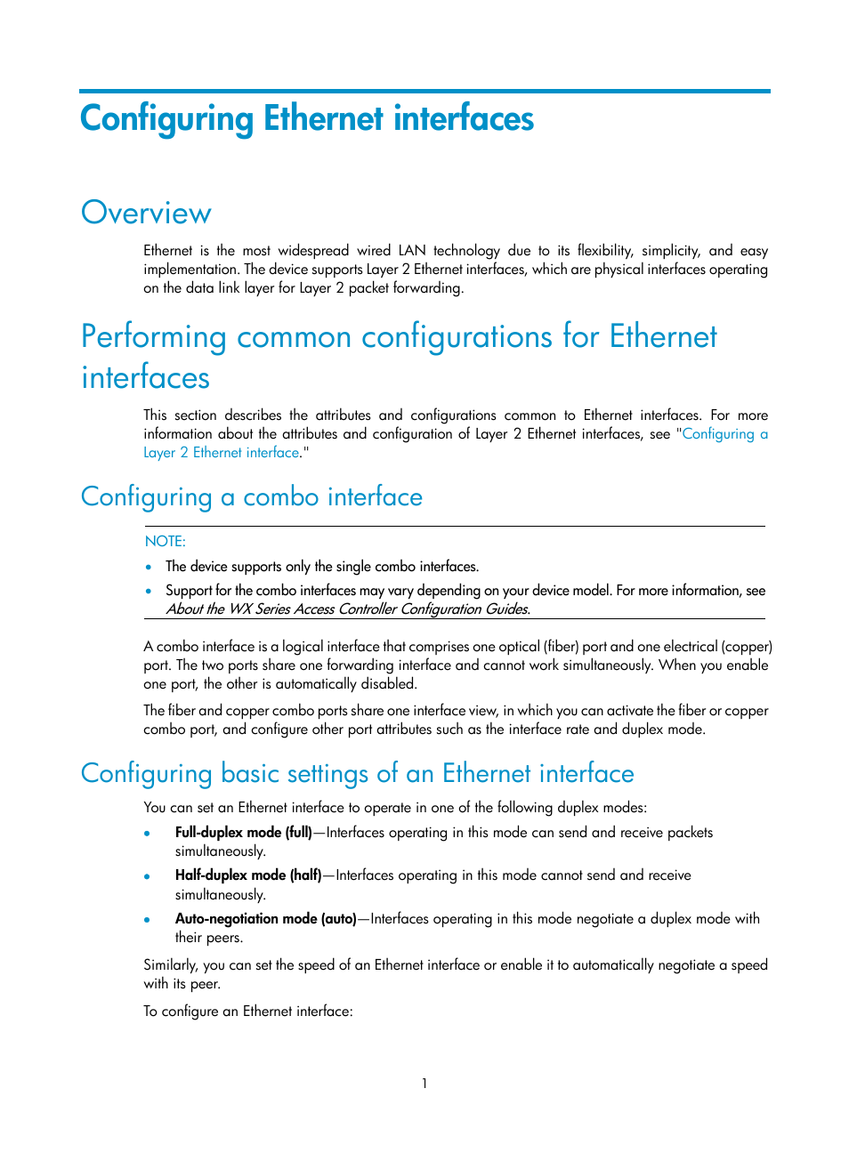 Configuring ethernet interfaces, Overview, Configuring a combo interface | H3C Technologies H3C WX3000E Series Wireless Switches User Manual | Page 11 / 133