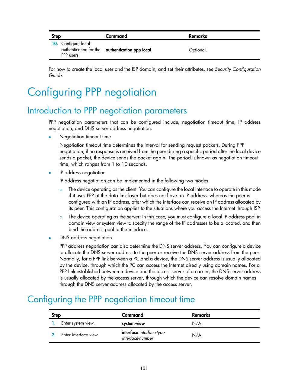 Configuring ppp negotiation, Introduction to ppp negotiation parameters, Configuring the ppp negotiation timeout time | H3C Technologies H3C WX3000E Series Wireless Switches User Manual | Page 111 / 133