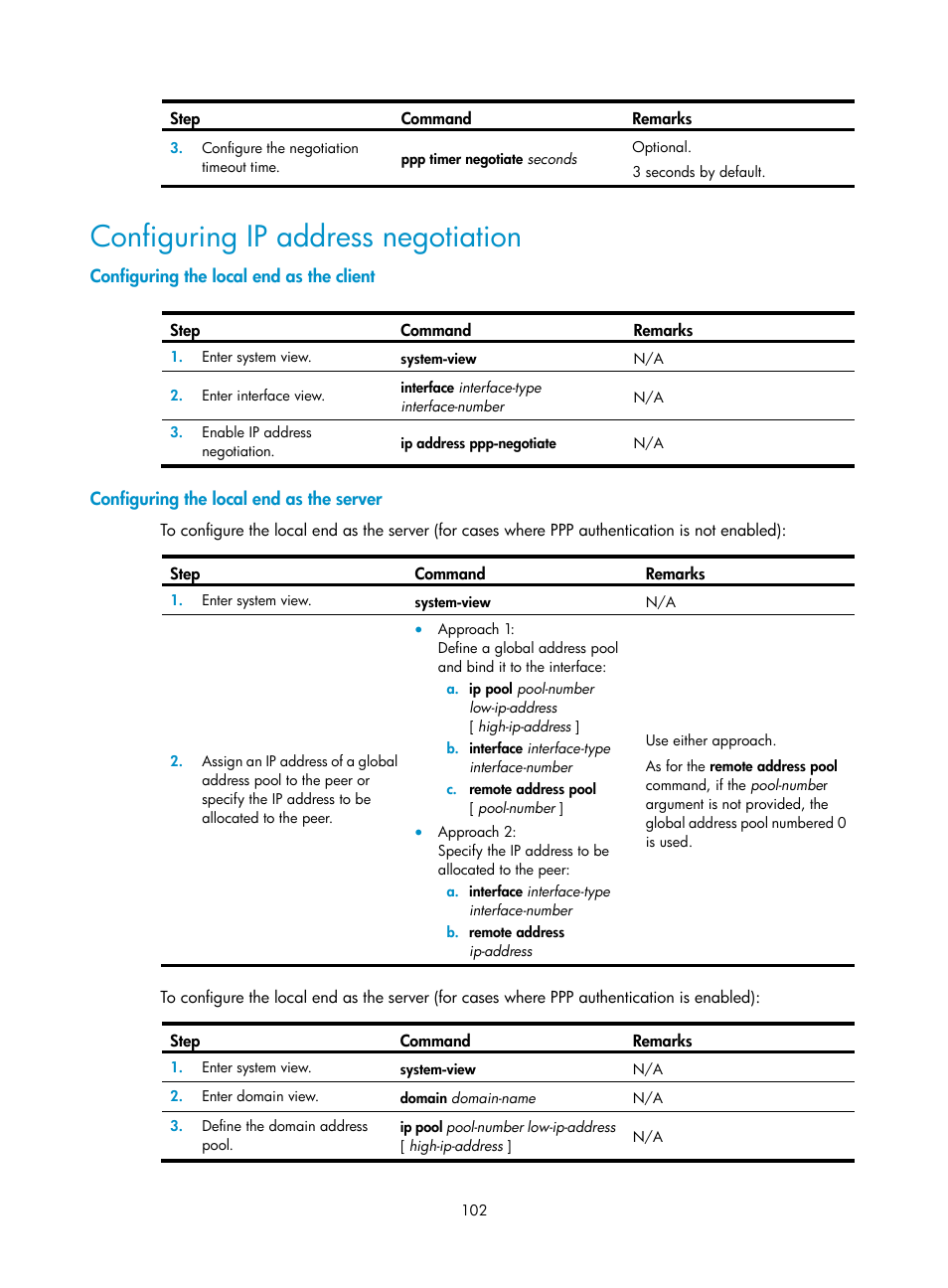 Configuring ip address negotiation, Configuring the local end as the client, Configuring the local end as the server | H3C Technologies H3C WX3000E Series Wireless Switches User Manual | Page 112 / 133