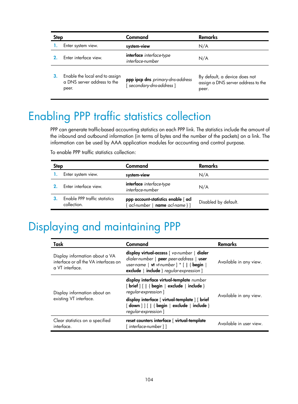 Enabling ppp traffic statistics collection, Displaying and maintaining ppp | H3C Technologies H3C WX3000E Series Wireless Switches User Manual | Page 114 / 133