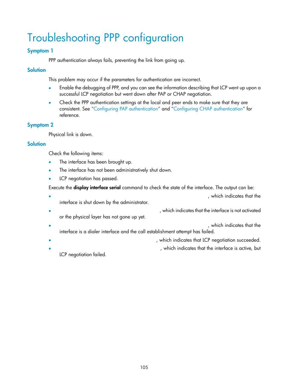 Troubleshooting ppp configuration, Symptom 1, Solution | Symptom 2 | H3C Technologies H3C WX3000E Series Wireless Switches User Manual | Page 115 / 133