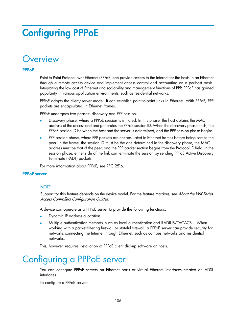 Configuring pppoe, Overview, Pppoe | Pppoe server, Configuring a pppoe server | H3C Technologies H3C WX3000E Series Wireless Switches User Manual | Page 116 / 133