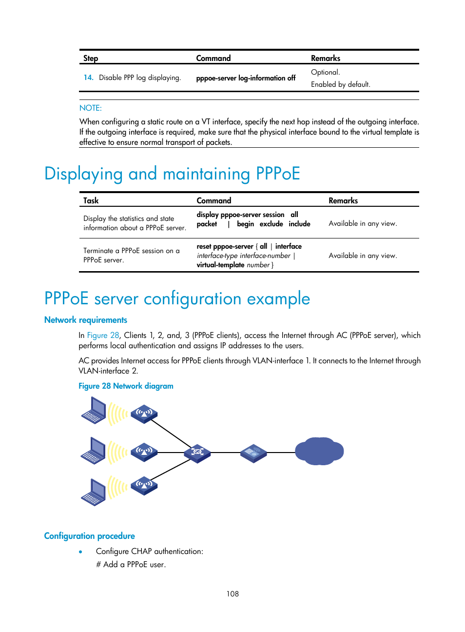 Displaying and maintaining pppoe, Pppoe server configuration example, Network requirements | Configuration procedure | H3C Technologies H3C WX3000E Series Wireless Switches User Manual | Page 118 / 133