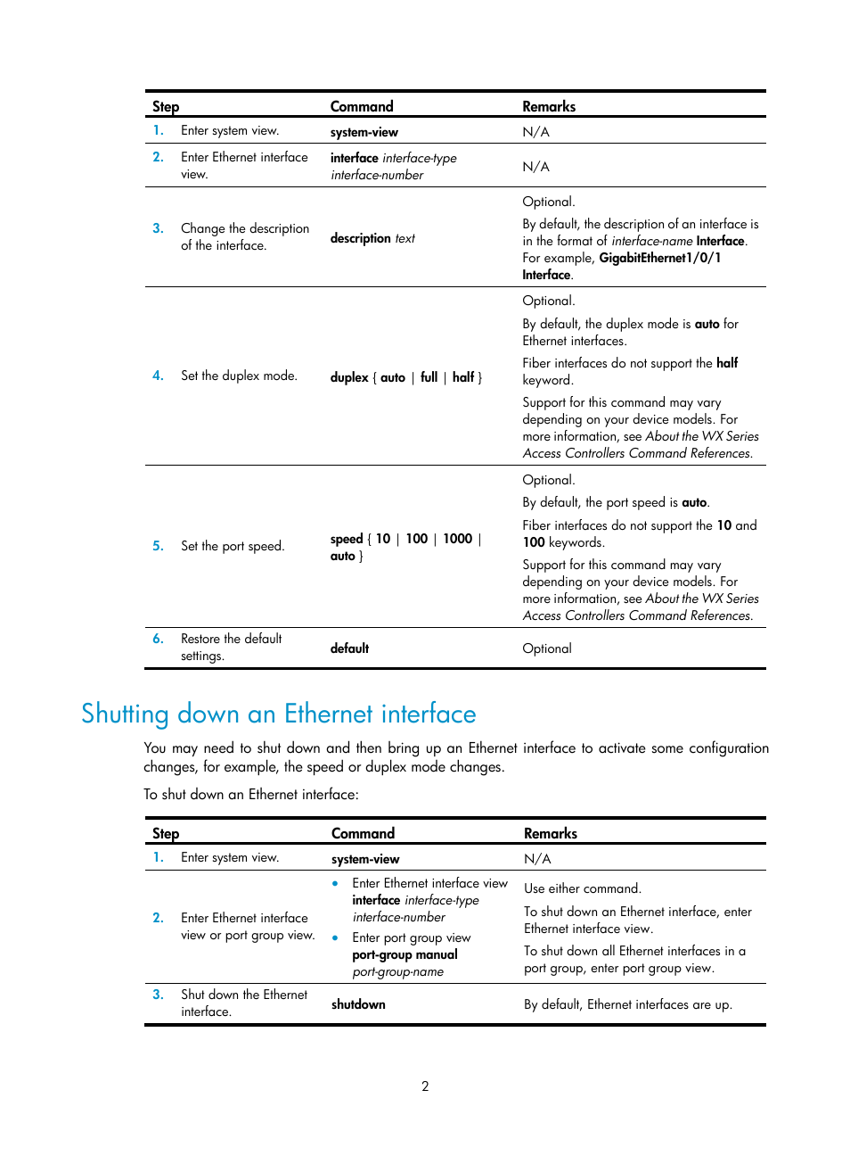 Shutting down an ethernet interface | H3C Technologies H3C WX3000E Series Wireless Switches User Manual | Page 12 / 133