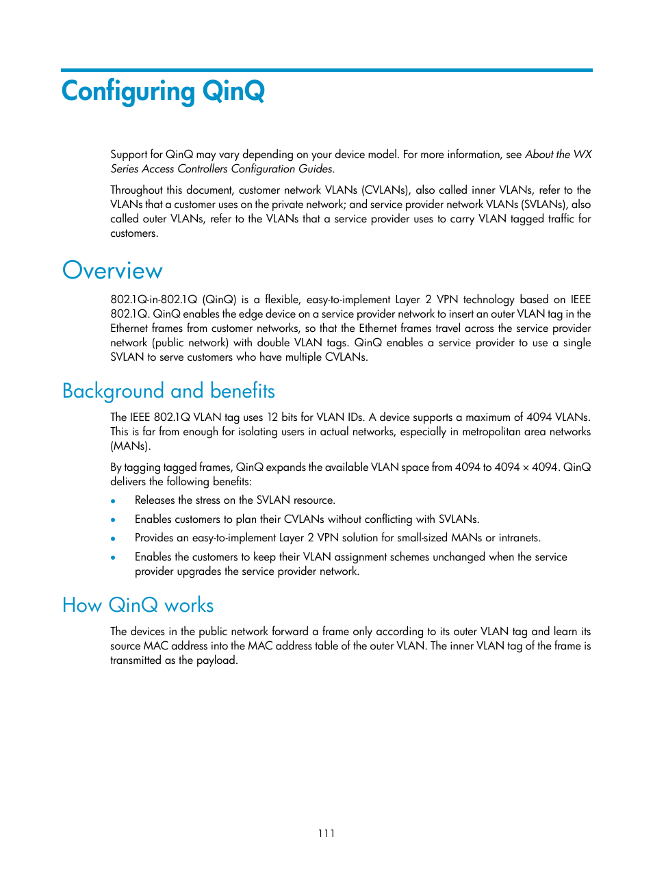 Configuring qinq, Overview, Background and benefits | How qinq works | H3C Technologies H3C WX3000E Series Wireless Switches User Manual | Page 121 / 133