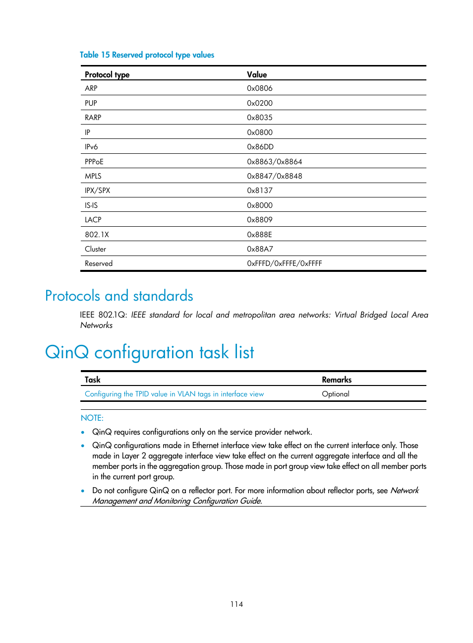 Protocols and standards, Qinq configuration task list | H3C Technologies H3C WX3000E Series Wireless Switches User Manual | Page 124 / 133