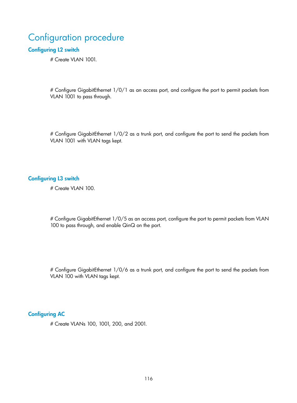 Configuration procedure, Configuring l2 switch, Configuring l3 switch | Configuring ac | H3C Technologies H3C WX3000E Series Wireless Switches User Manual | Page 126 / 133