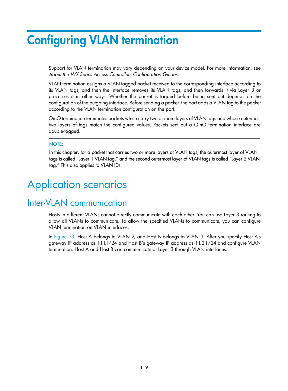 Configuring vlan termination, Application scenarios, Inter-vlan communication | H3C Technologies H3C WX3000E Series Wireless Switches User Manual | Page 129 / 133