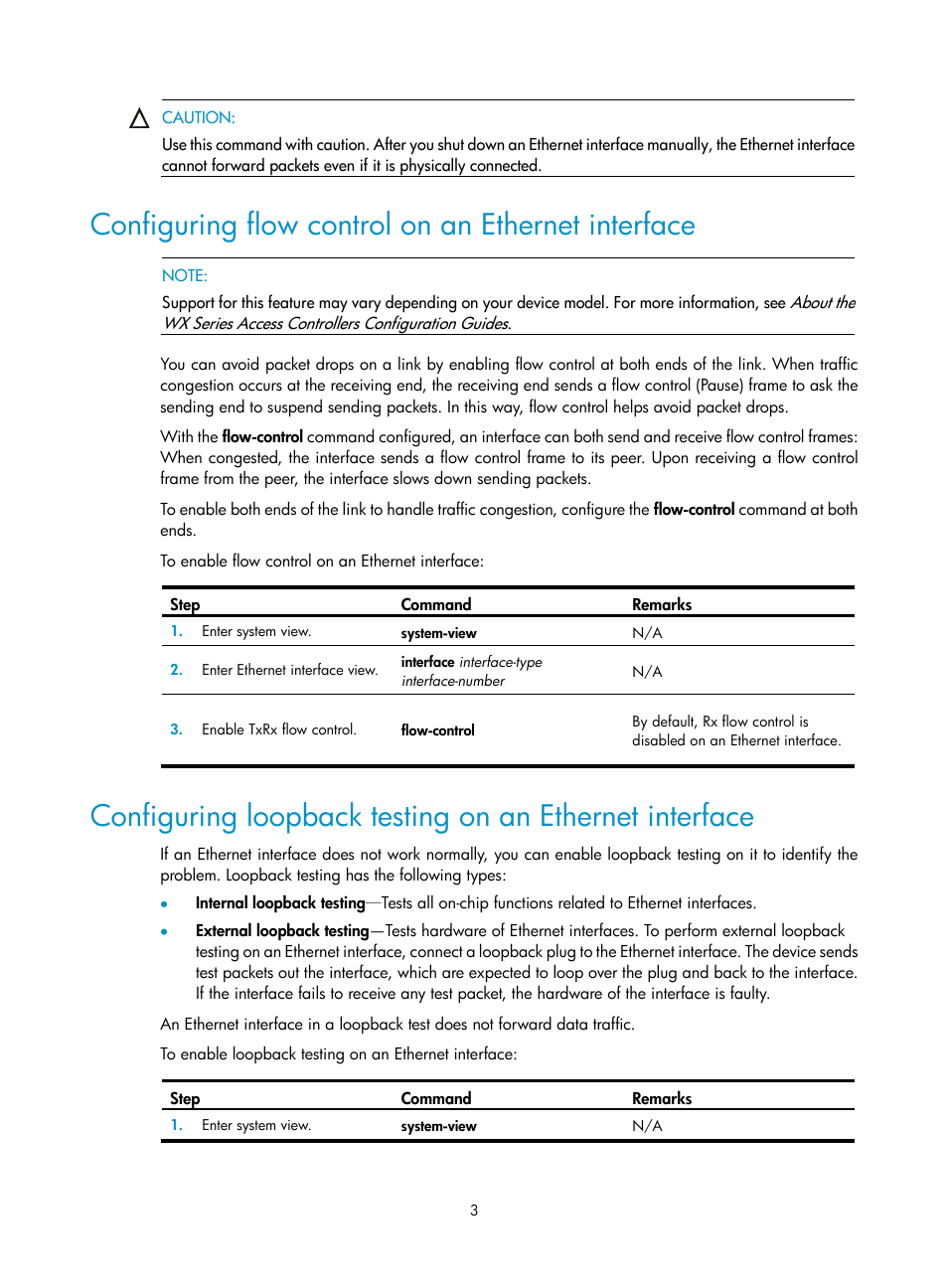 Configuring flow control on an ethernet interface | H3C Technologies H3C WX3000E Series Wireless Switches User Manual | Page 13 / 133