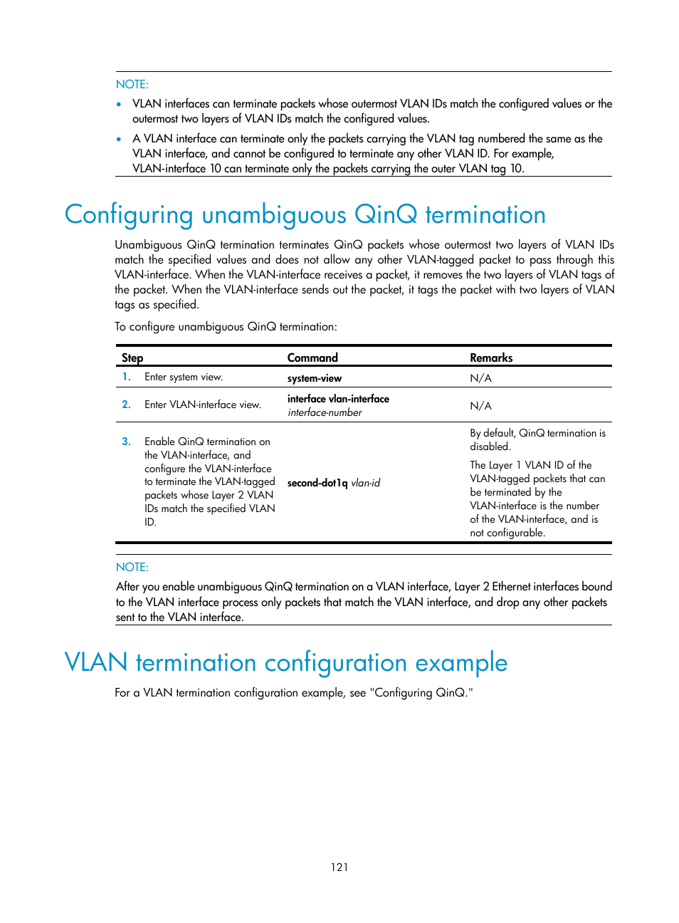 Configuring unambiguous qinq termination, Vlan termination configuration example | H3C Technologies H3C WX3000E Series Wireless Switches User Manual | Page 131 / 133