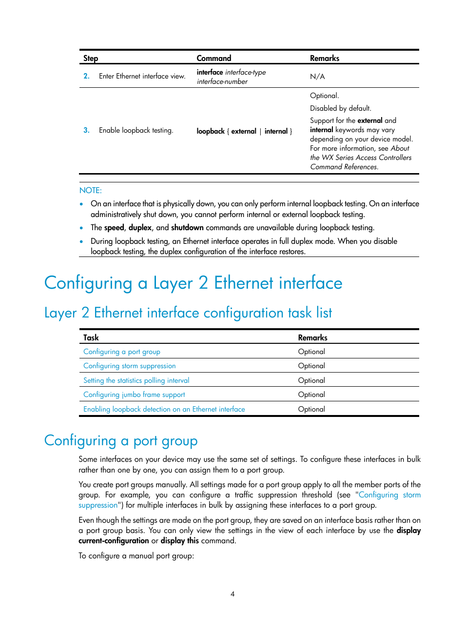 Configuring a layer 2 ethernet interface, Layer 2 ethernet interface configuration task list, Configuring a port group | H3C Technologies H3C WX3000E Series Wireless Switches User Manual | Page 14 / 133