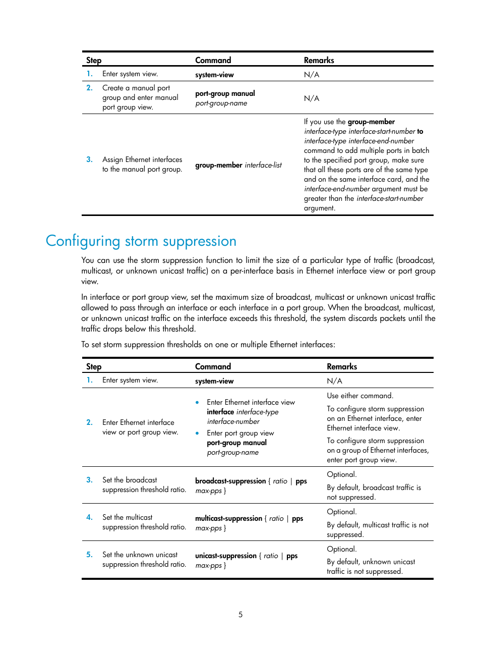 Configuring storm suppression, Configuring storm, Suppression | H3C Technologies H3C WX3000E Series Wireless Switches User Manual | Page 15 / 133