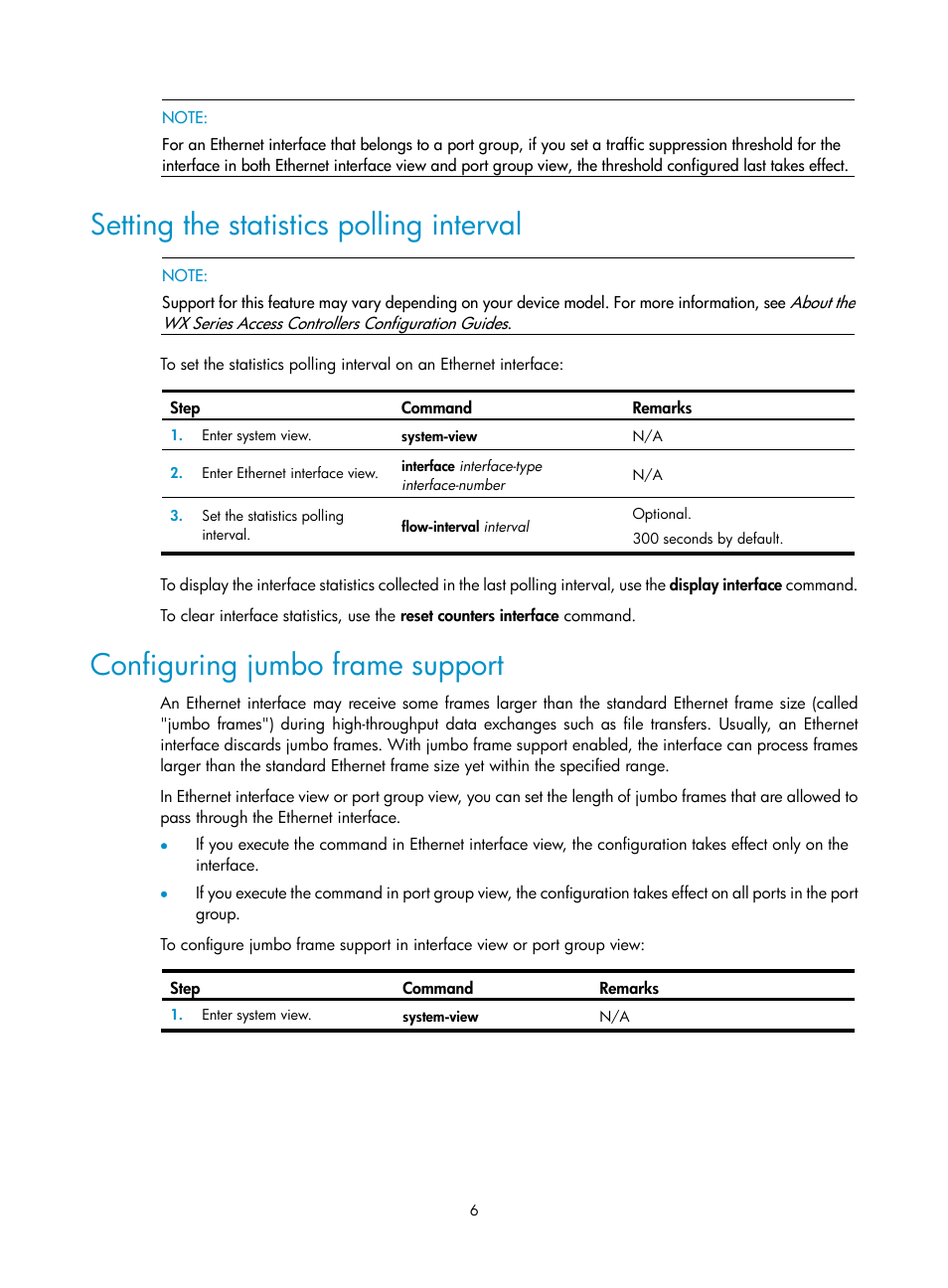 Setting the statistics polling interval, Configuring jumbo frame support | H3C Technologies H3C WX3000E Series Wireless Switches User Manual | Page 16 / 133