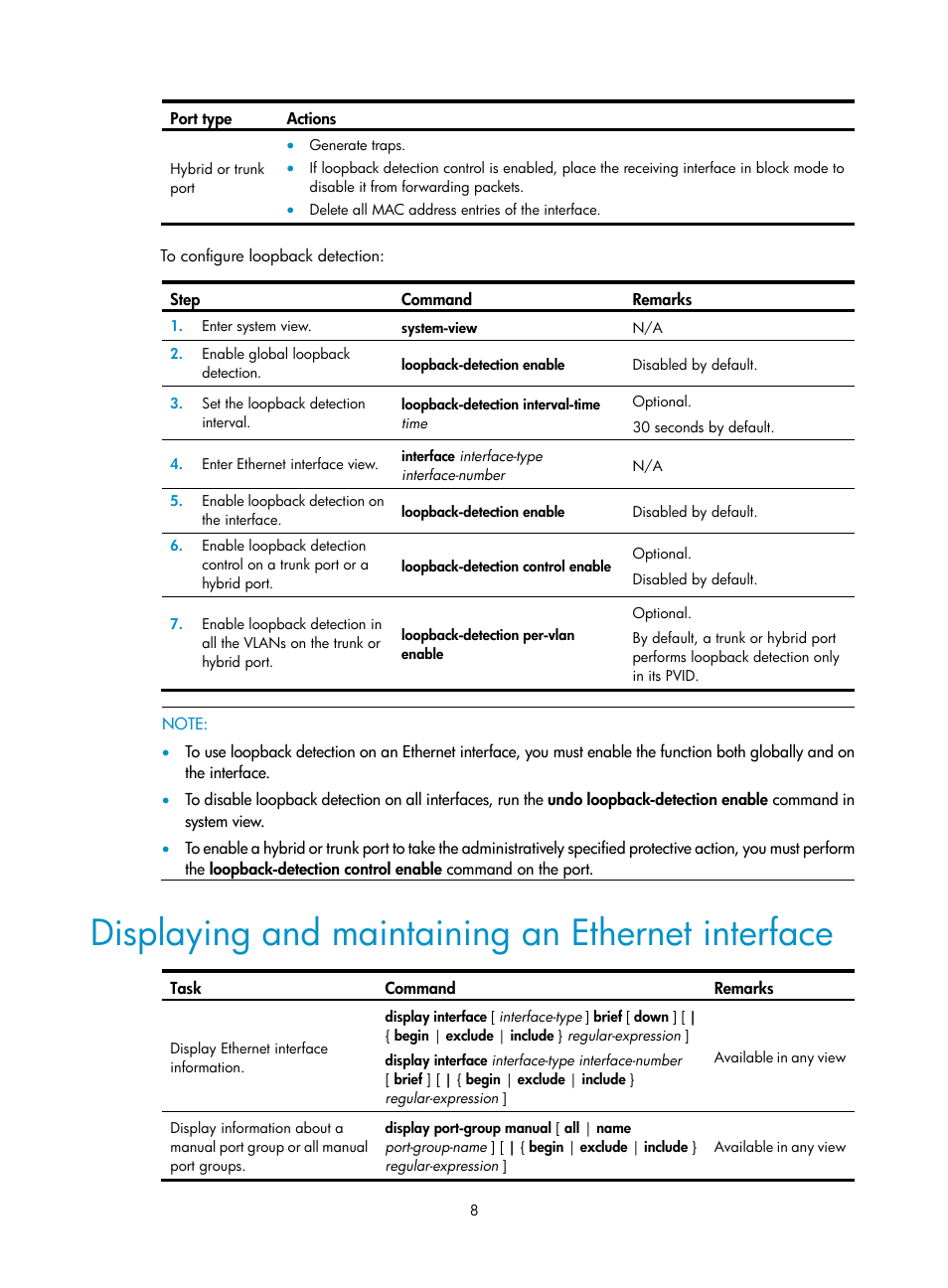 Displaying and maintaining an ethernet interface | H3C Technologies H3C WX3000E Series Wireless Switches User Manual | Page 18 / 133