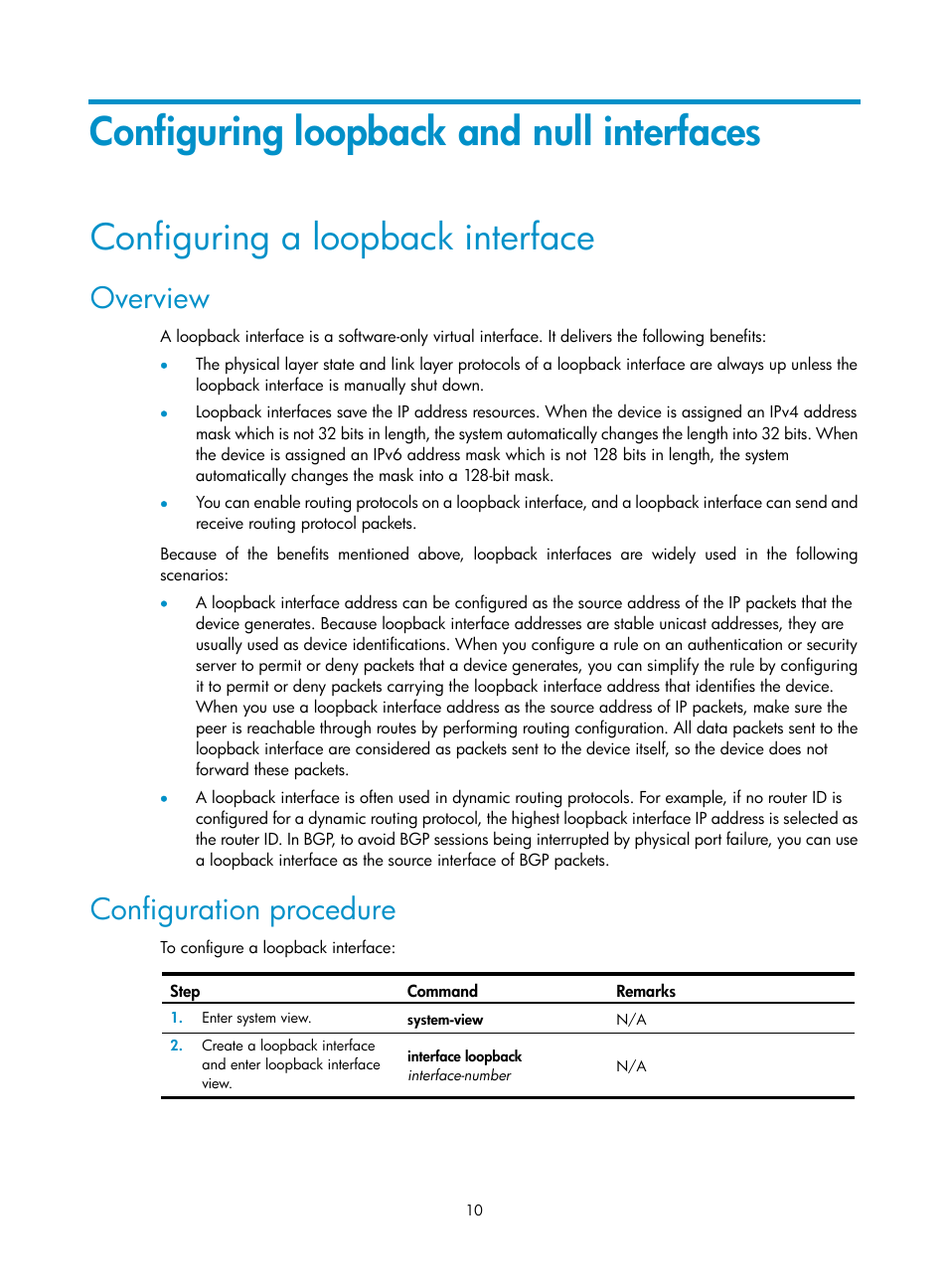 Configuring loopback and null interfaces, Configuring a loopback interface, Overview | Configuration procedure | H3C Technologies H3C WX3000E Series Wireless Switches User Manual | Page 20 / 133