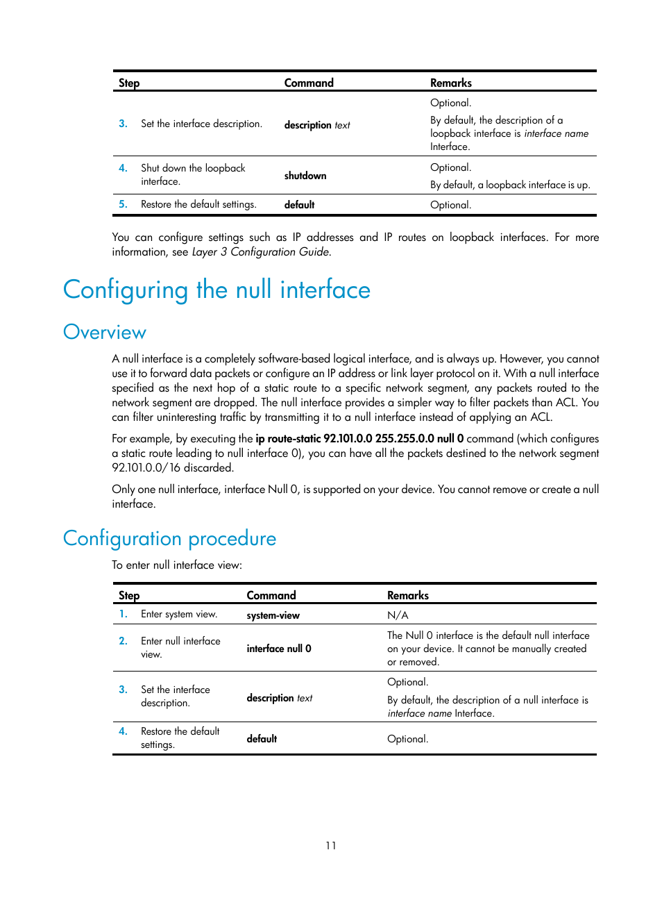 Configuring the null interface, Overview, Configuration procedure | H3C Technologies H3C WX3000E Series Wireless Switches User Manual | Page 21 / 133