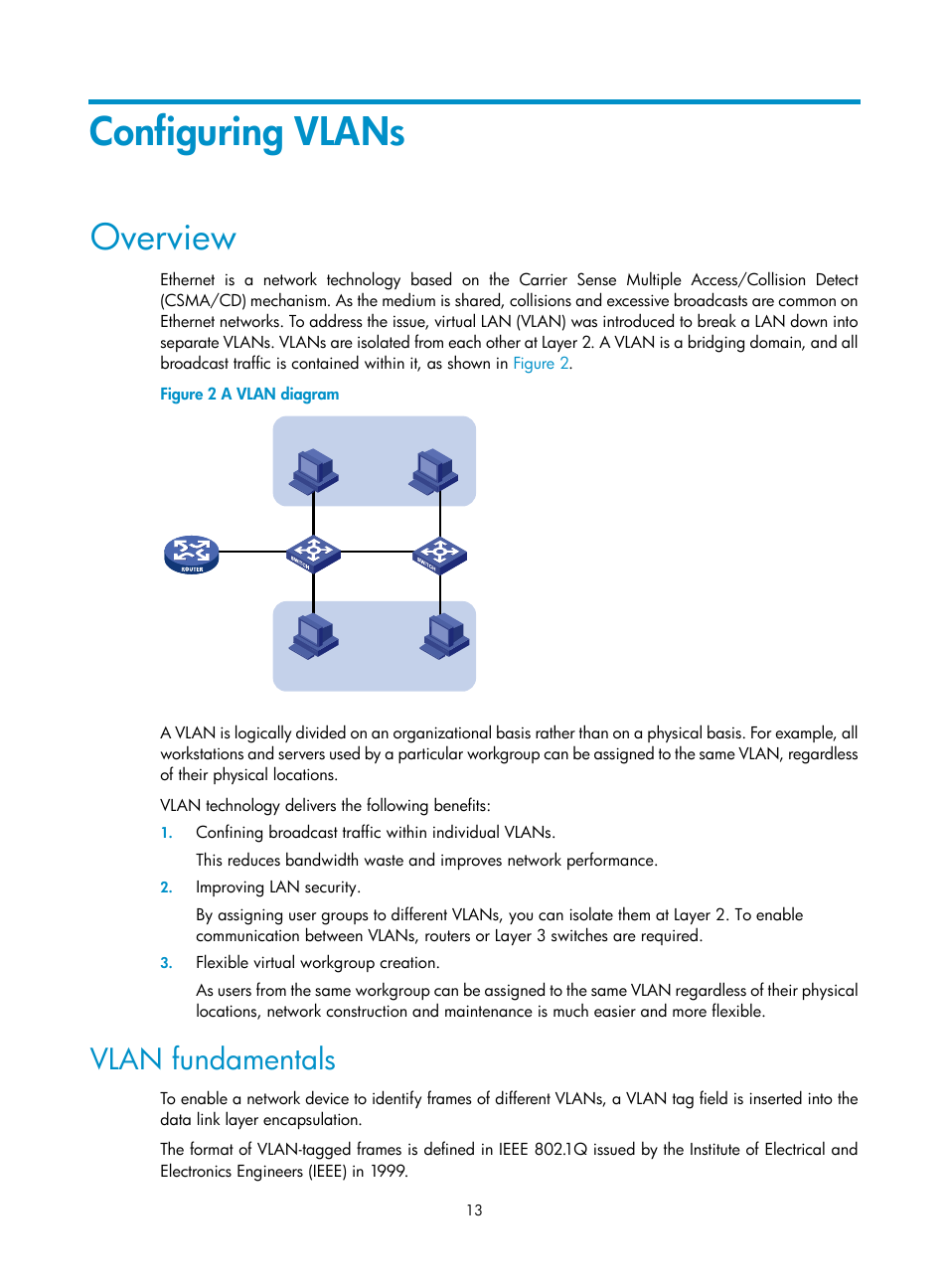 Configuring vlans, Overview, Vlan fundamentals | H3C Technologies H3C WX3000E Series Wireless Switches User Manual | Page 23 / 133