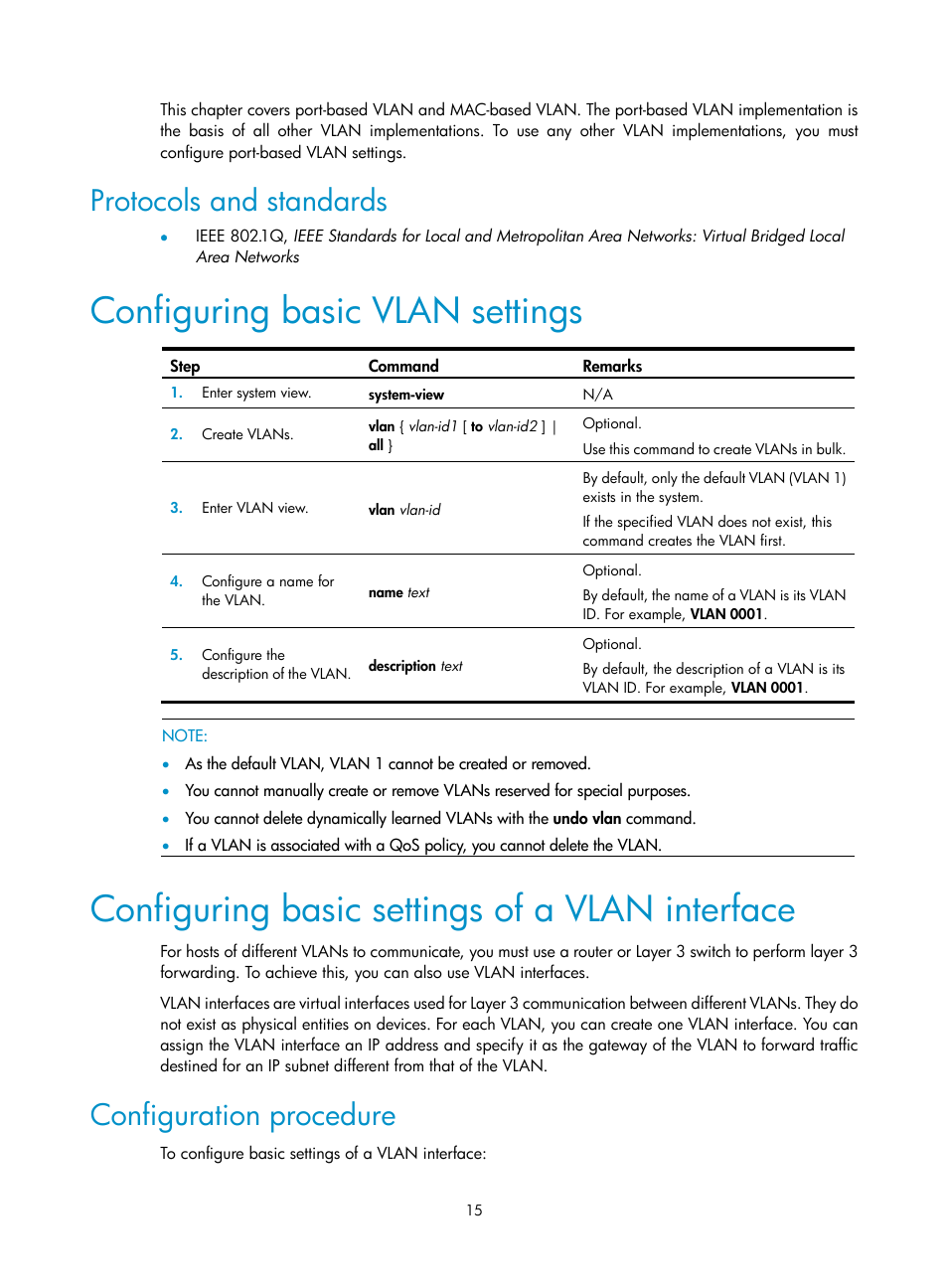 Protocols and standards, Configuring basic vlan settings, Configuring basic settings of a vlan interface | Configuration procedure | H3C Technologies H3C WX3000E Series Wireless Switches User Manual | Page 25 / 133