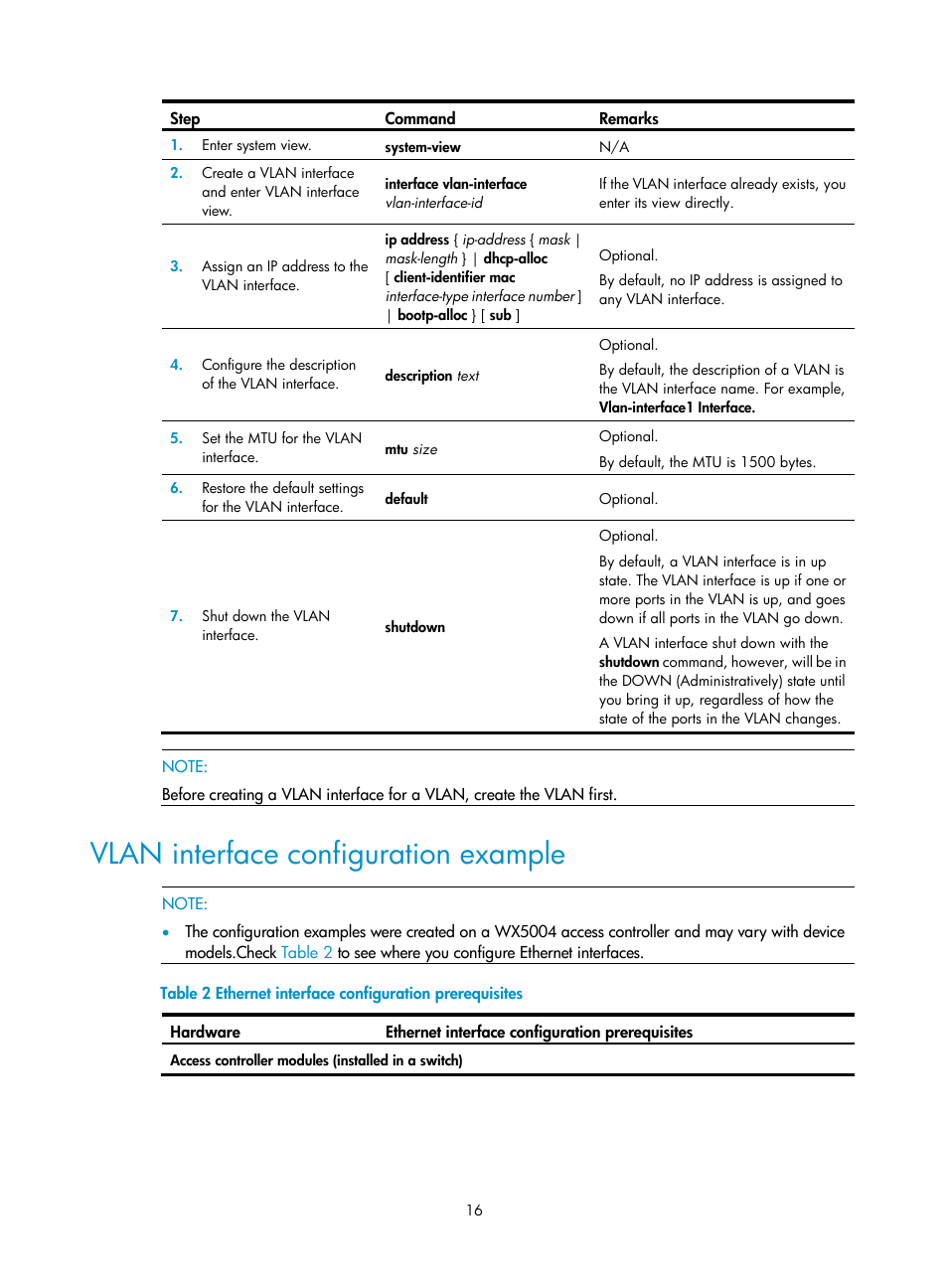 Vlan interface configuration example | H3C Technologies H3C WX3000E Series Wireless Switches User Manual | Page 26 / 133