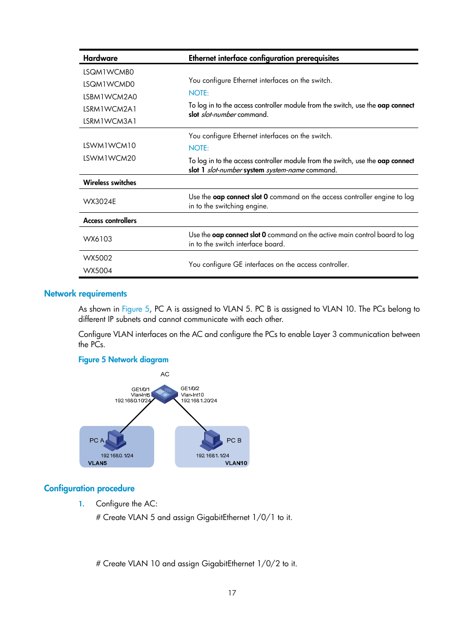 Network requirements, Configuration procedure | H3C Technologies H3C WX3000E Series Wireless Switches User Manual | Page 27 / 133