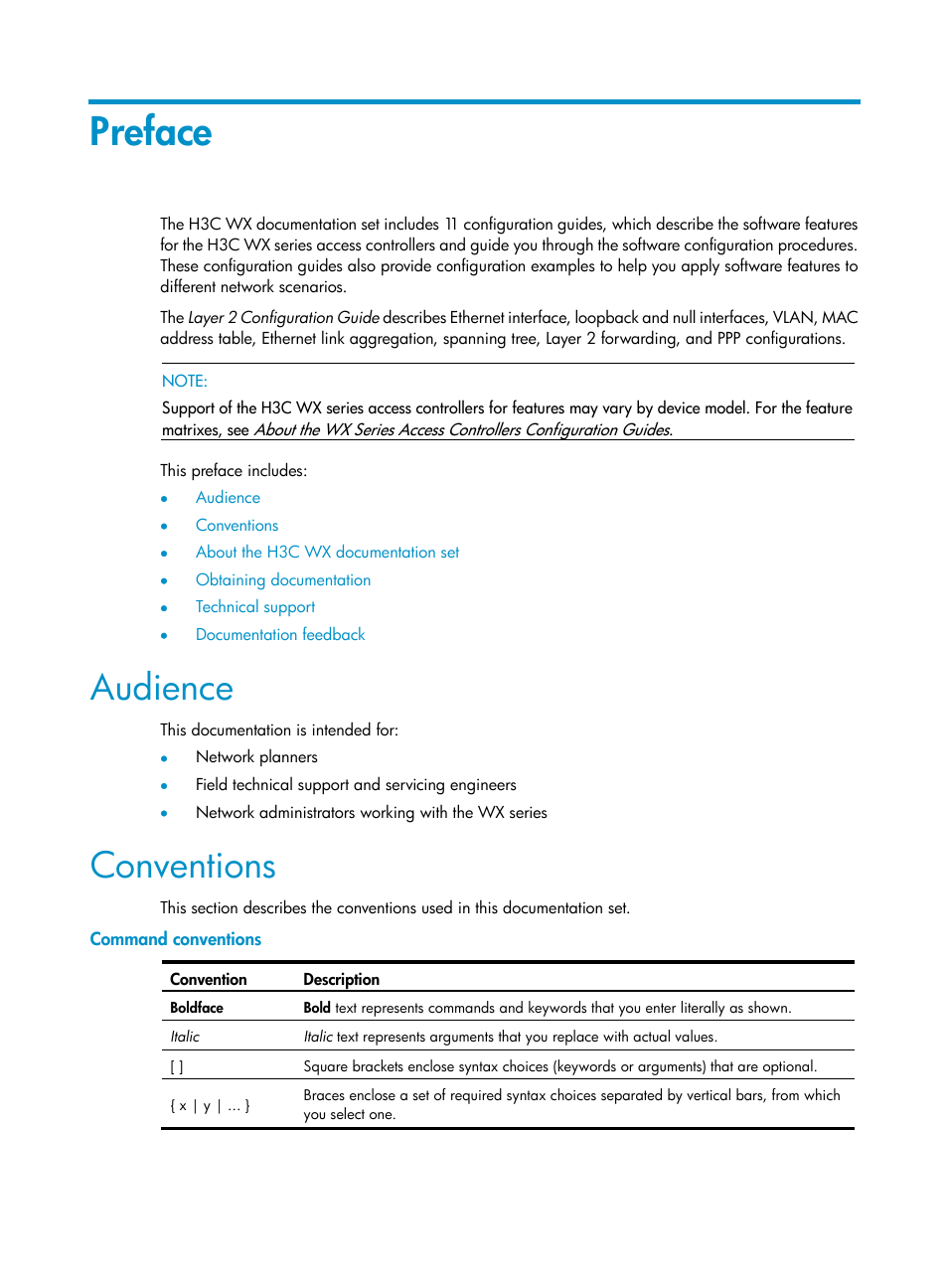 Preface, Audience, Conventions | Command conventions | H3C Technologies H3C WX3000E Series Wireless Switches User Manual | Page 3 / 133