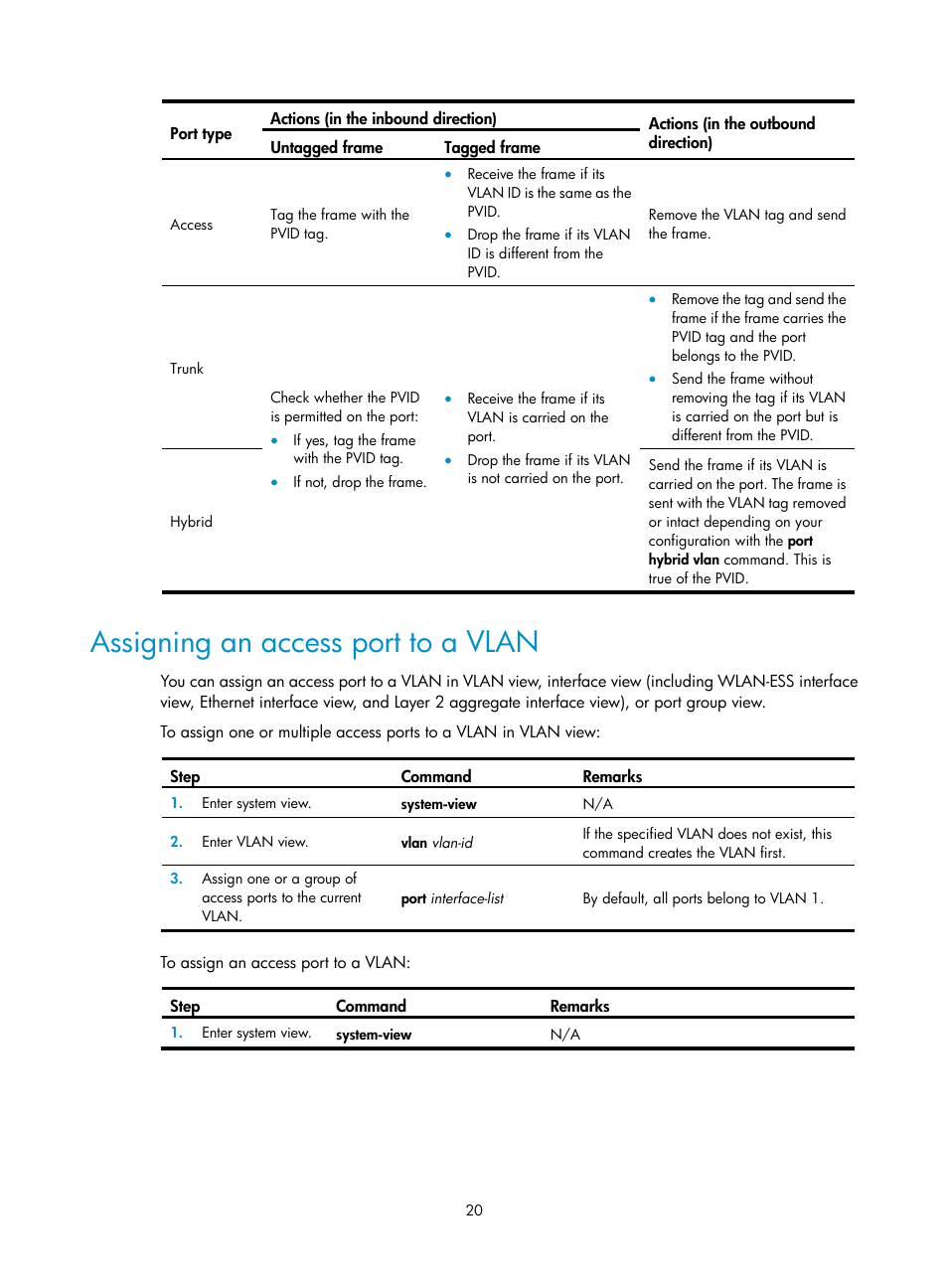 Assigning an access port to a vlan | H3C Technologies H3C WX3000E Series Wireless Switches User Manual | Page 30 / 133