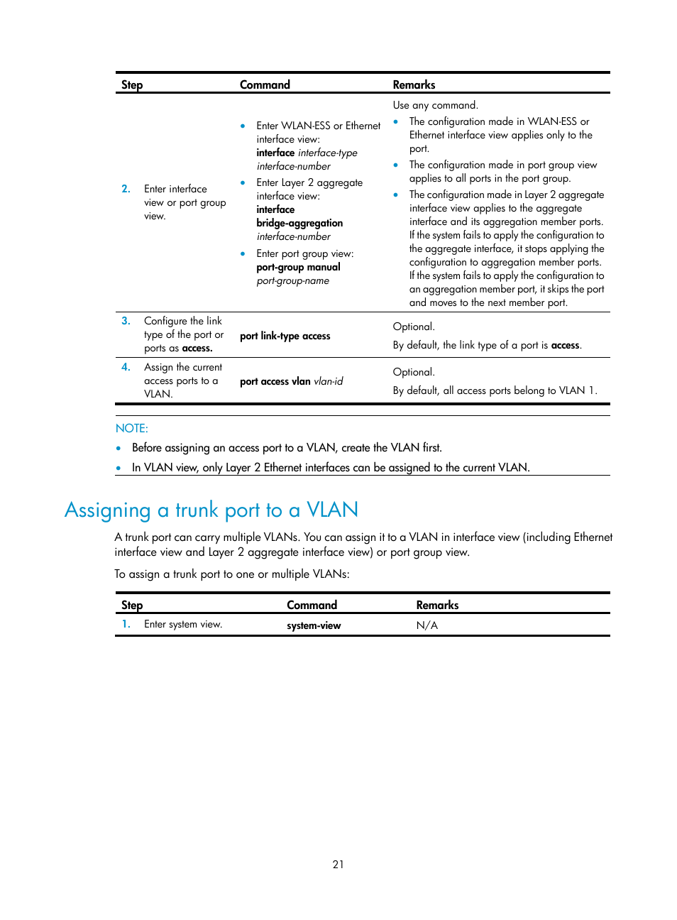 Assigning a trunk port to a vlan | H3C Technologies H3C WX3000E Series Wireless Switches User Manual | Page 31 / 133